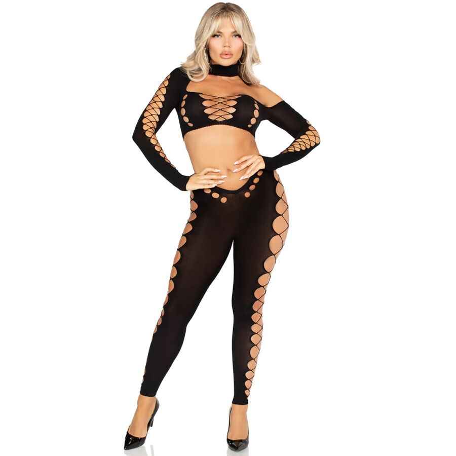 LEG AVENUE - TOP CROP E LEGGINGS CORTADO SEM COSTURA PRETO