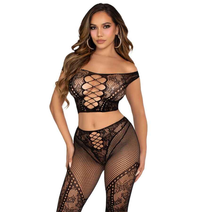 LEG AVENUE - TOP CROP E LEGGING DE REDE COM OMBROS À FRENTE PRETO