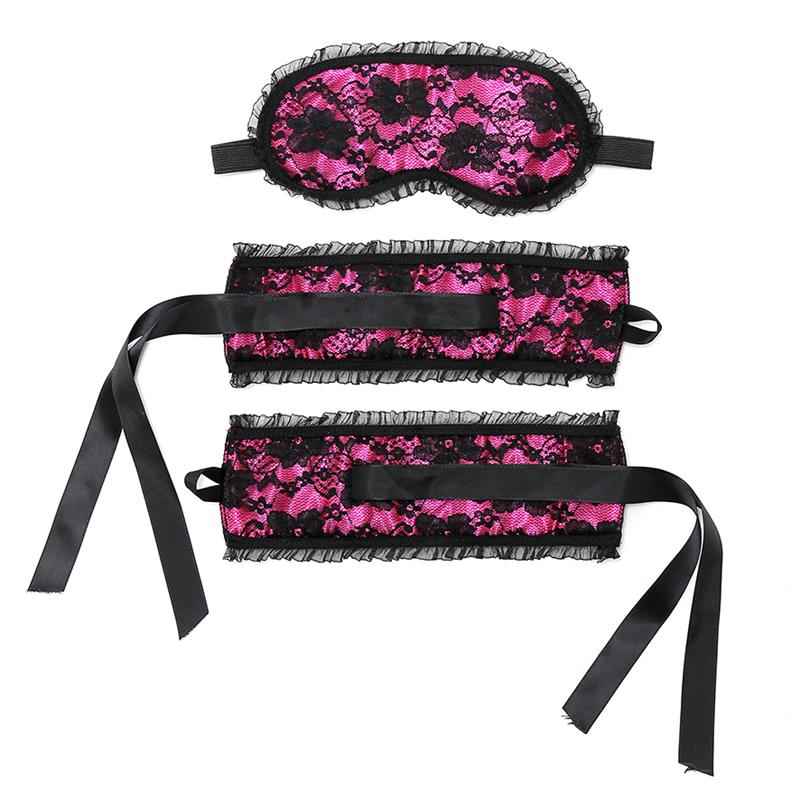 Bondage Satin Look Handcuffs with Mask Pink