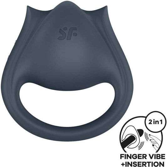 SATISFYER - PERFECT PAIR 2 MULTIVIBRANTES 2 EM 1 ANEL PARA PÊNIS E ESTIMULADOR DE DEDO CINZA - VIBRA24 SEXSHOP