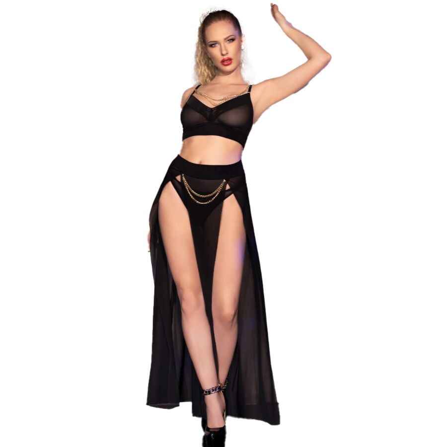 CHILIROSE - CR 4672 SAIA TOP PRETA E TANGA COM CORRENTES DOURADAS L