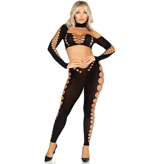 LEG AVENUE - TOP CROP E LEGGINGS CORTADO SEM COSTURA PRETO