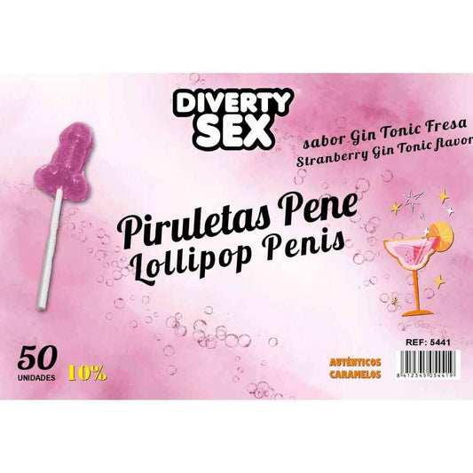 DIABLO GOLOSO - 50 PIRULITOS DE PÊNIS GIN TÔNICA SABOR MORANGO 10% ÁLCOOL