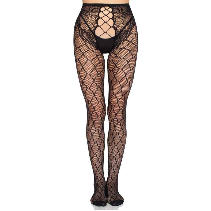 LEG AVENUE - MEIA-CALÇA DE REDE 1966 COM CALCINHA SEM FUNDO PRETA - TAMANHO ÚNICO