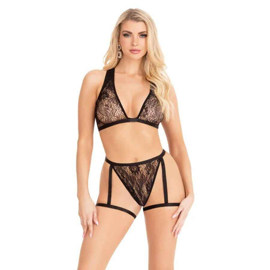 LEG AVENUE - 86148 CONJUNTO DE SUTIÃ E CALCINHA DE RENDA COM LIGAS - PRETO - TAMANHO ÚNICO