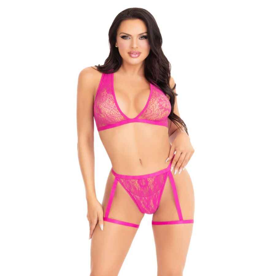 LEG AVENUE - 86148 CONJUNTO DE SUTIÃ E CALCINHA DE RENDA COM LIGAS ROSA - TAMANHO ÚNICO