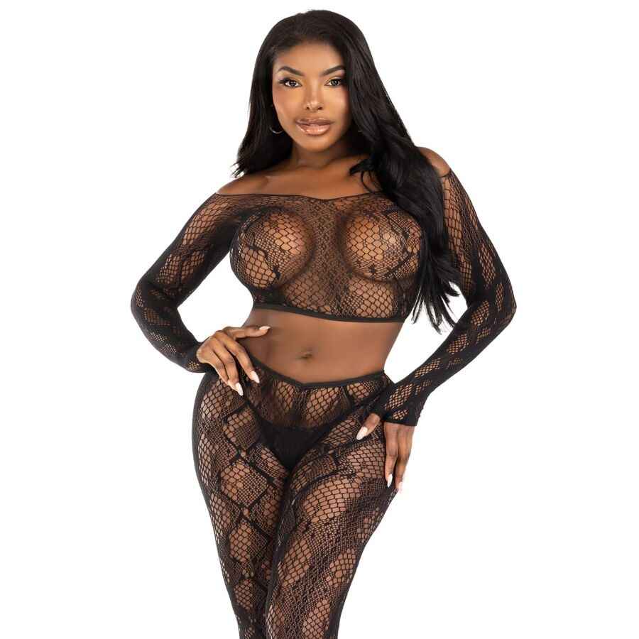 LEG AVENUE - 89373 TOP CROPPED COM ESTAMPA DE PYTHON E MEIA-CALÇA SEM PÉ PRETA - TAMANHO ÚNICO