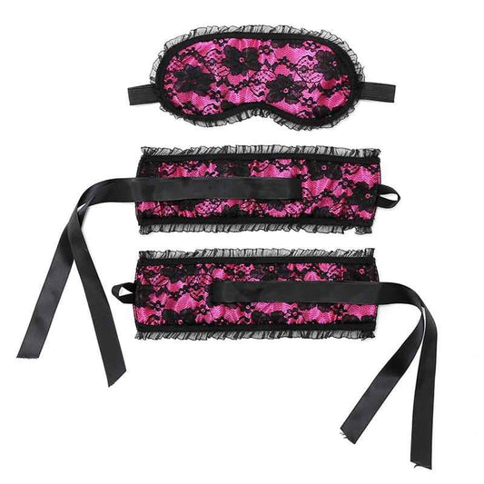 Bondage Satin Look Handcuffs with Mask Pink